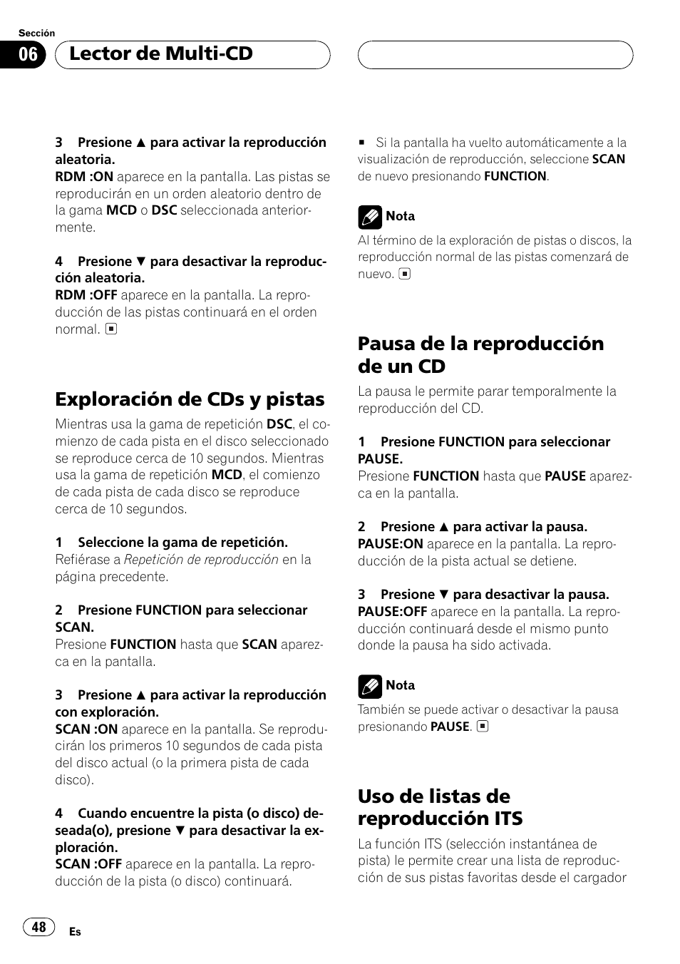 Exploración de cds y pistas 48, Pausa de la reproducción de un cd 48, Uso de listas de reproducción its 48 | Exploración de cds y pistas, Pausa de la reproducción de un cd, Uso de listas de reproducción its, Lector de multi-cd | Pioneer Super Tuner III D DEH-P2550 User Manual | Page 48 / 96