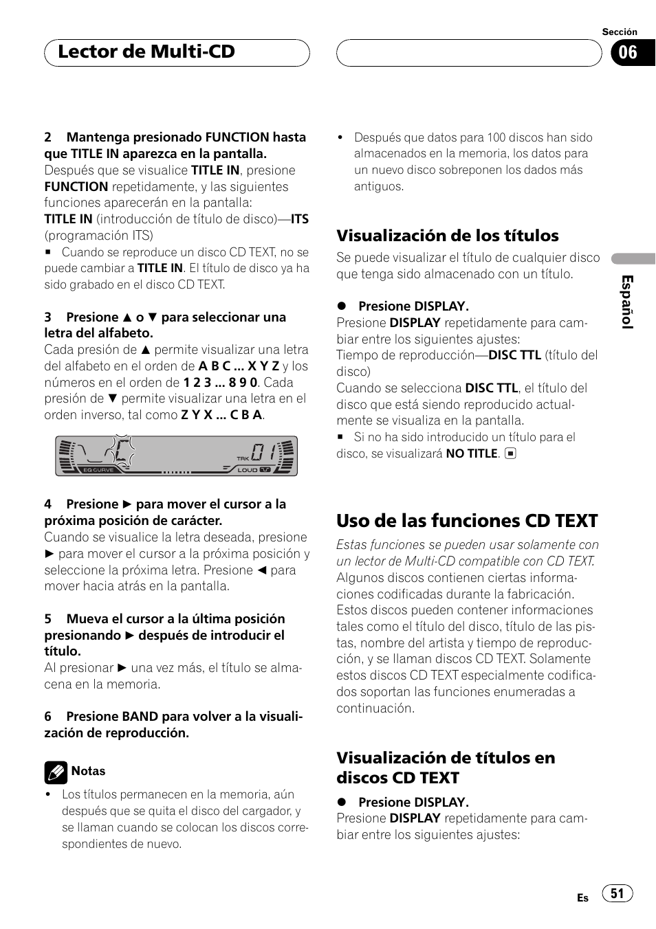 Visualización de los títulos 51, Uso de las funciones cd text 51, Visualización de títulos en discos cd | Text 51, Uso de las funciones cd text, Lector de multi-cd, Visualización de los títulos, Visualización de títulos en discos cd text | Pioneer Super Tuner III D DEH-P2550 User Manual | Page 51 / 96