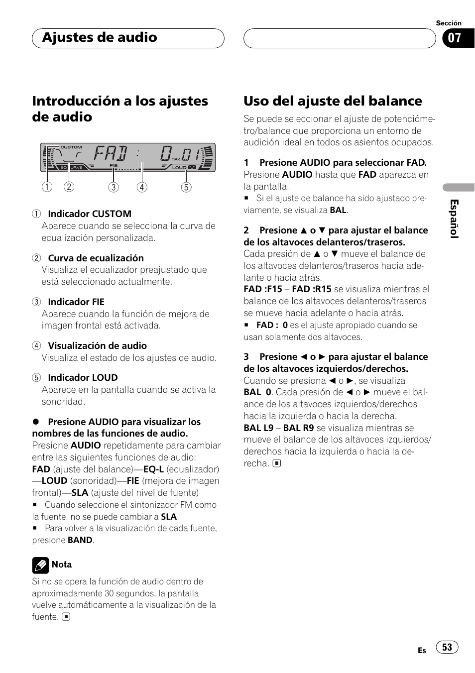 Ajustes de audio, Introducción a los ajustes de audio 53, Uso del ajuste del balance 53 | Introducción a los ajustes de audio, Uso del ajuste del balance | Pioneer Super Tuner III D DEH-P2550 User Manual | Page 53 / 96