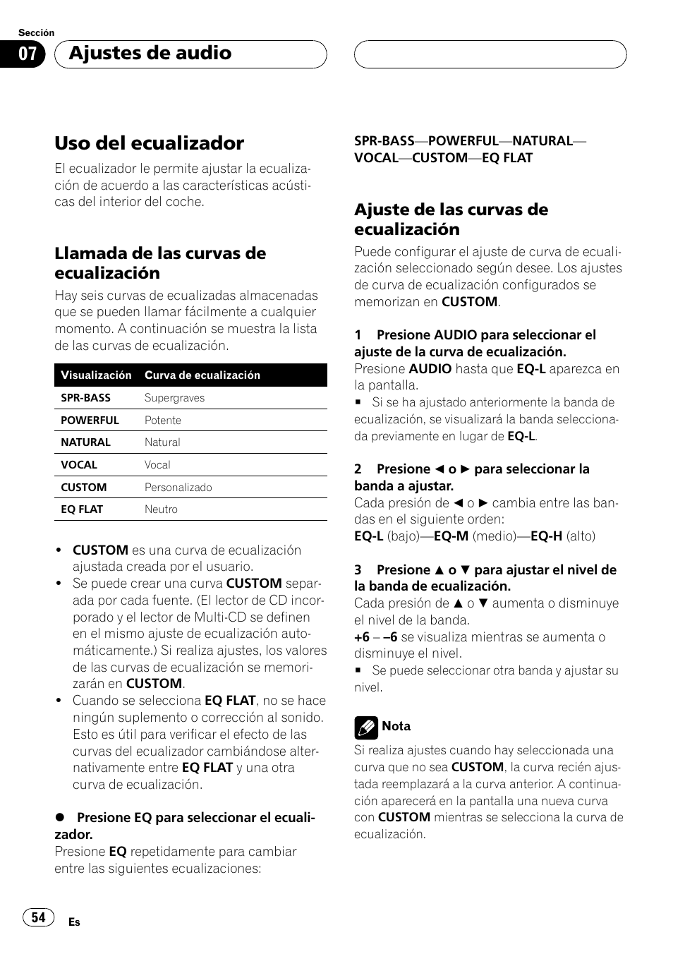 Uso del ecualizador 54, Llamada de las curvas de, Ecualización 54 | Ajuste de las curvas de, Uso del ecualizador, Ajustes de audio, Llamada de las curvas de ecualización, Ajuste de las curvas de ecualización | Pioneer Super Tuner III D DEH-P2550 User Manual | Page 54 / 96
