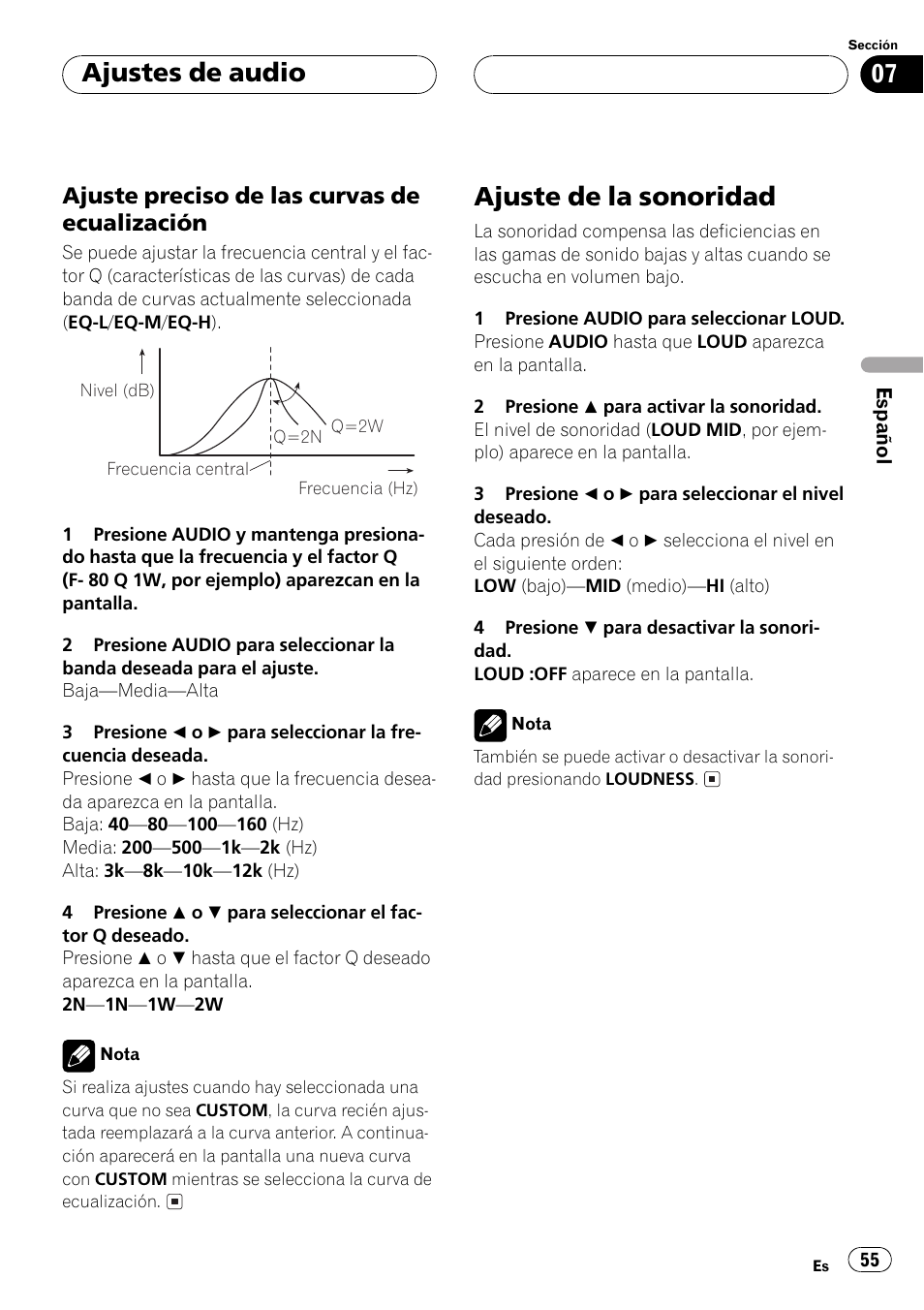 Ajuste preciso de las curvas de, Ecualización 55, Ajuste de la sonoridad 55 | Ajuste de la sonoridad, Ajustes de audio, Ajuste preciso de las curvas de ecualización | Pioneer Super Tuner III D DEH-P2550 User Manual | Page 55 / 96