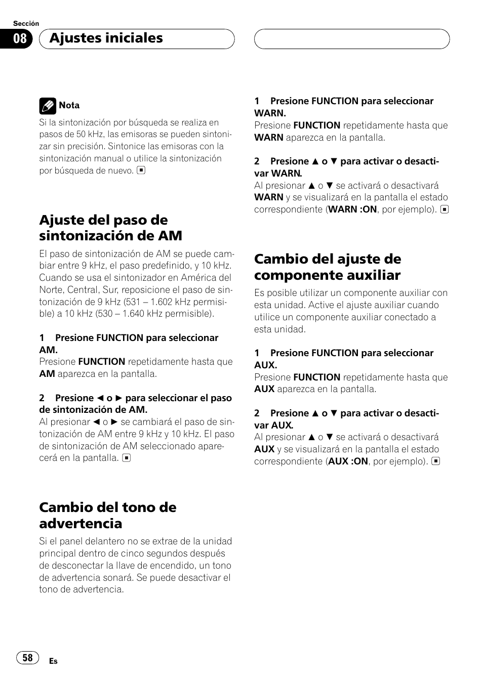 Ajuste del paso de sintonización de am 58, Cambio del tono de advertencia 58, Cambio del ajuste de componente | Auxiliar 58, Ajuste del paso de sintonización de am, Cambio del tono de advertencia, Cambio del ajuste de componente auxiliar, Ajustes iniciales | Pioneer Super Tuner III D DEH-P2550 User Manual | Page 58 / 96