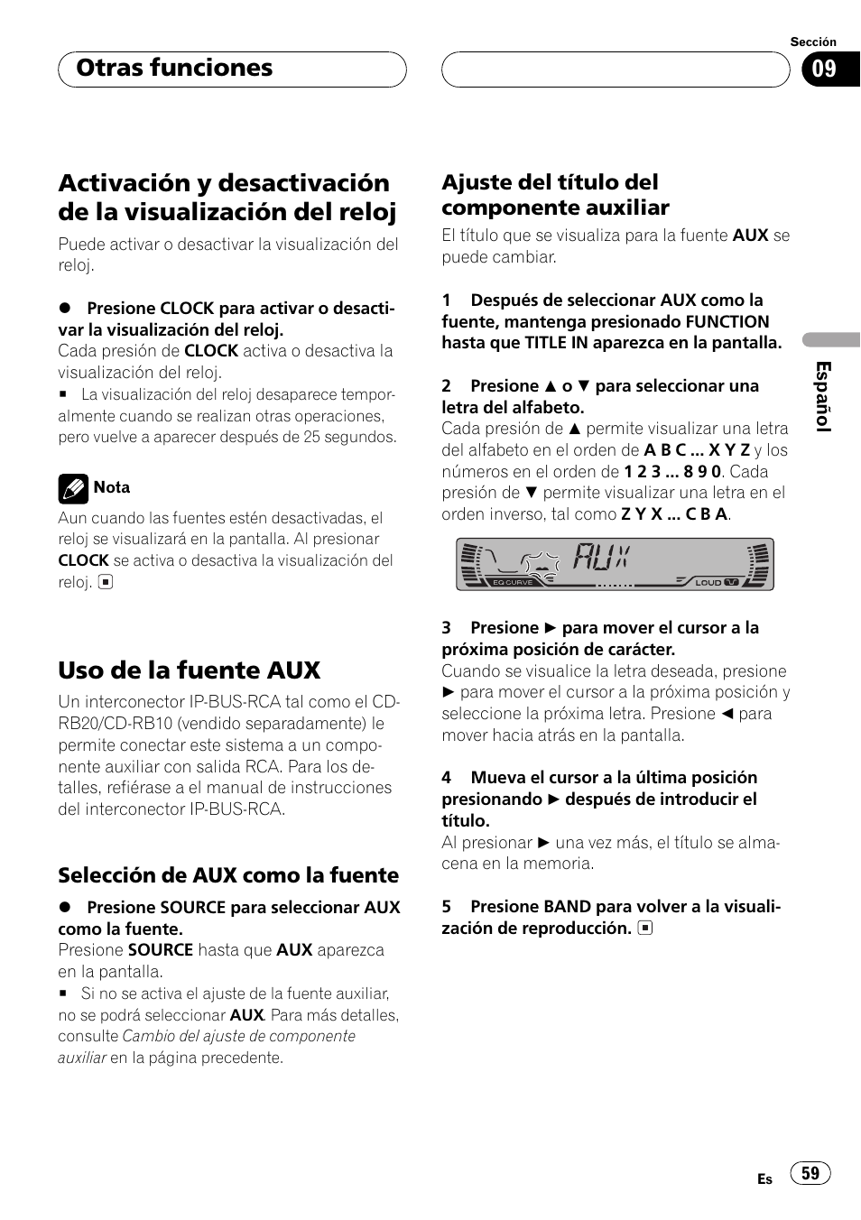 Otras funciones, Activación y desactivación de la visualización, Del reloj 59 | Uso de la fuente aux 59, Selección de aux como la fuente 59, Ajuste del título del componente, Auxiliar 59, Uso de la fuente aux | Pioneer Super Tuner III D DEH-P2550 User Manual | Page 59 / 96