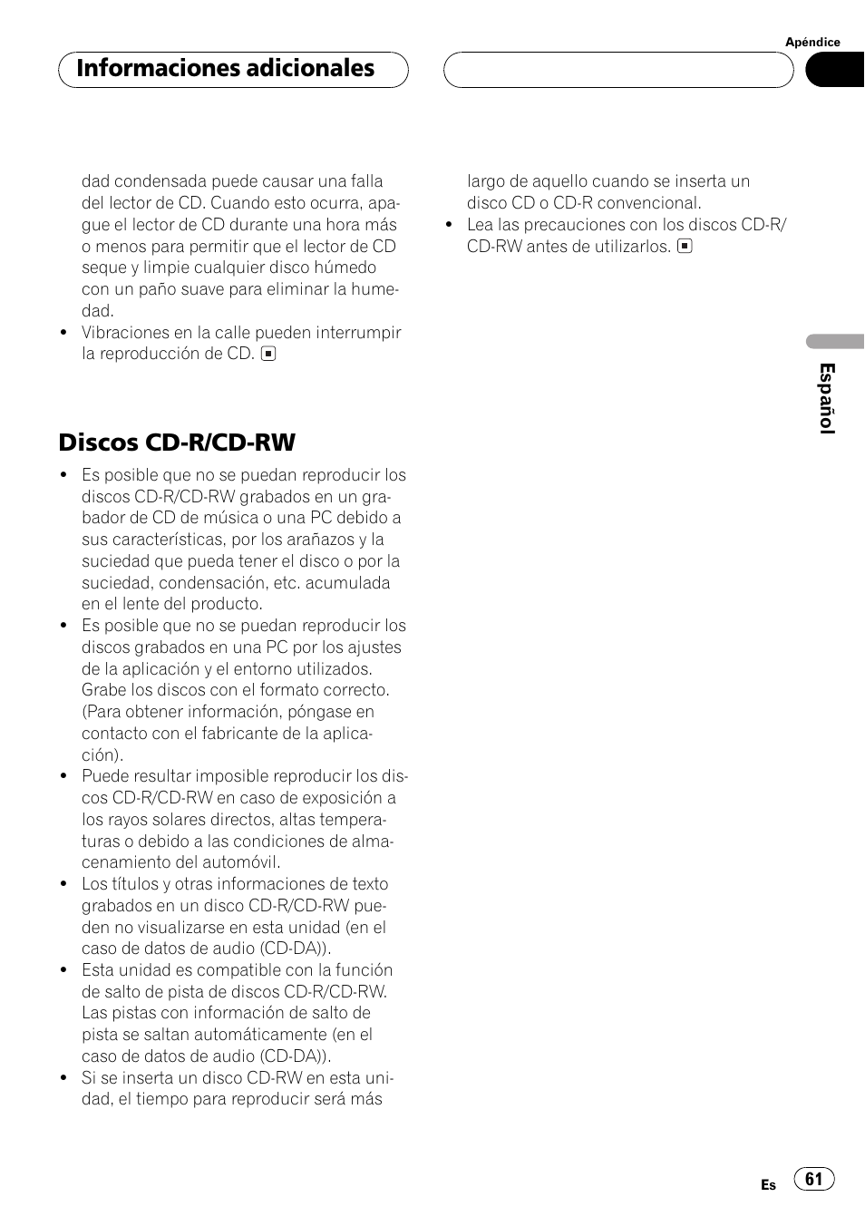 Discos cd-r/cd-rw 61, Discos cd-r/cd-rw, Informaciones adicionales | Pioneer Super Tuner III D DEH-P2550 User Manual | Page 61 / 96