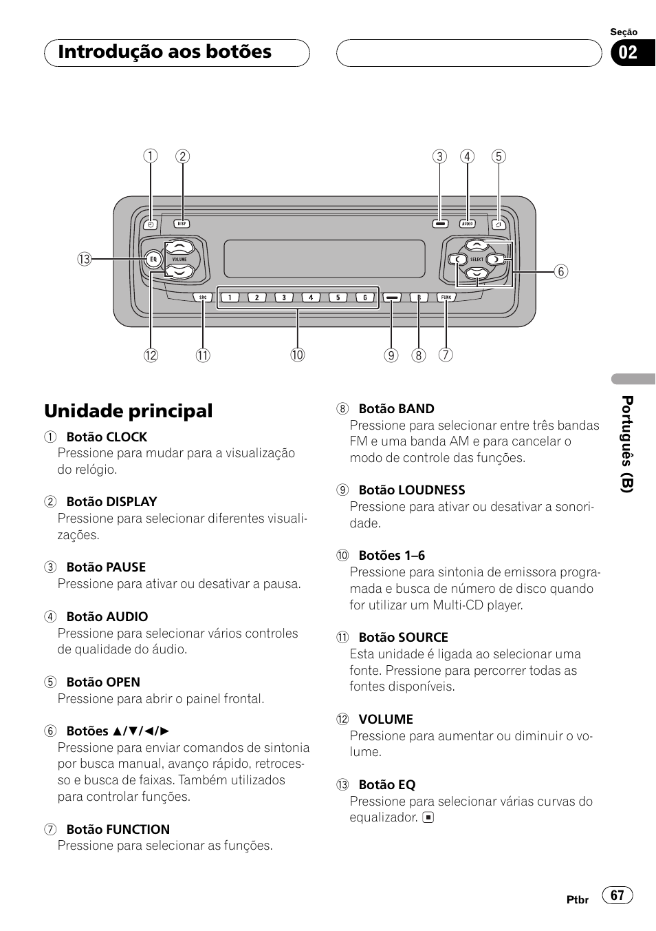 Introdução aos botões, Unidade principal 67, Unidade principal | Pioneer Super Tuner III D DEH-P2550 User Manual | Page 67 / 96