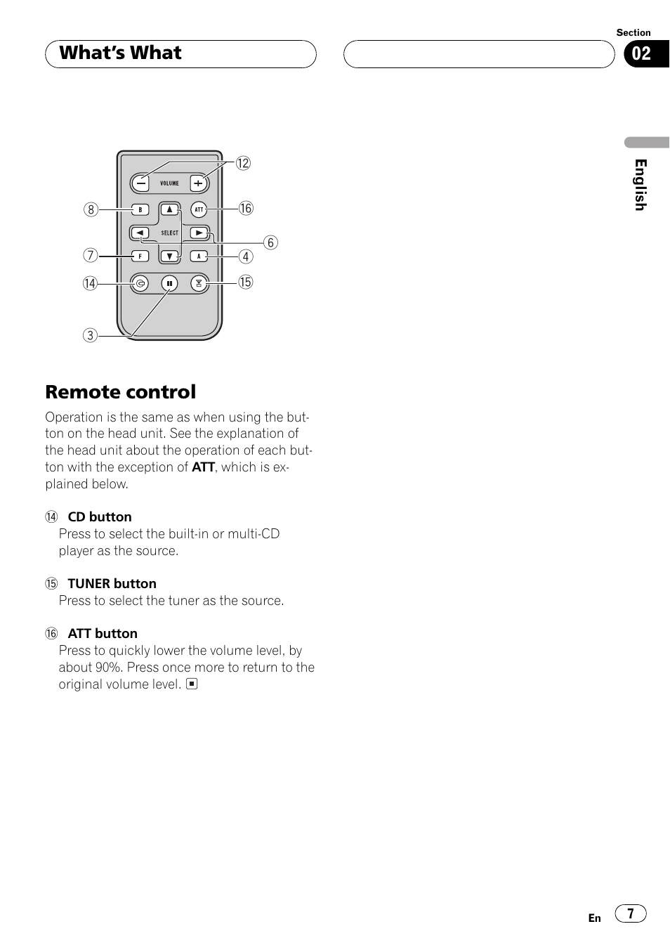 Remote control 7, Remote control, Whats what | Pioneer Super Tuner III D DEH-P2550 User Manual | Page 7 / 96