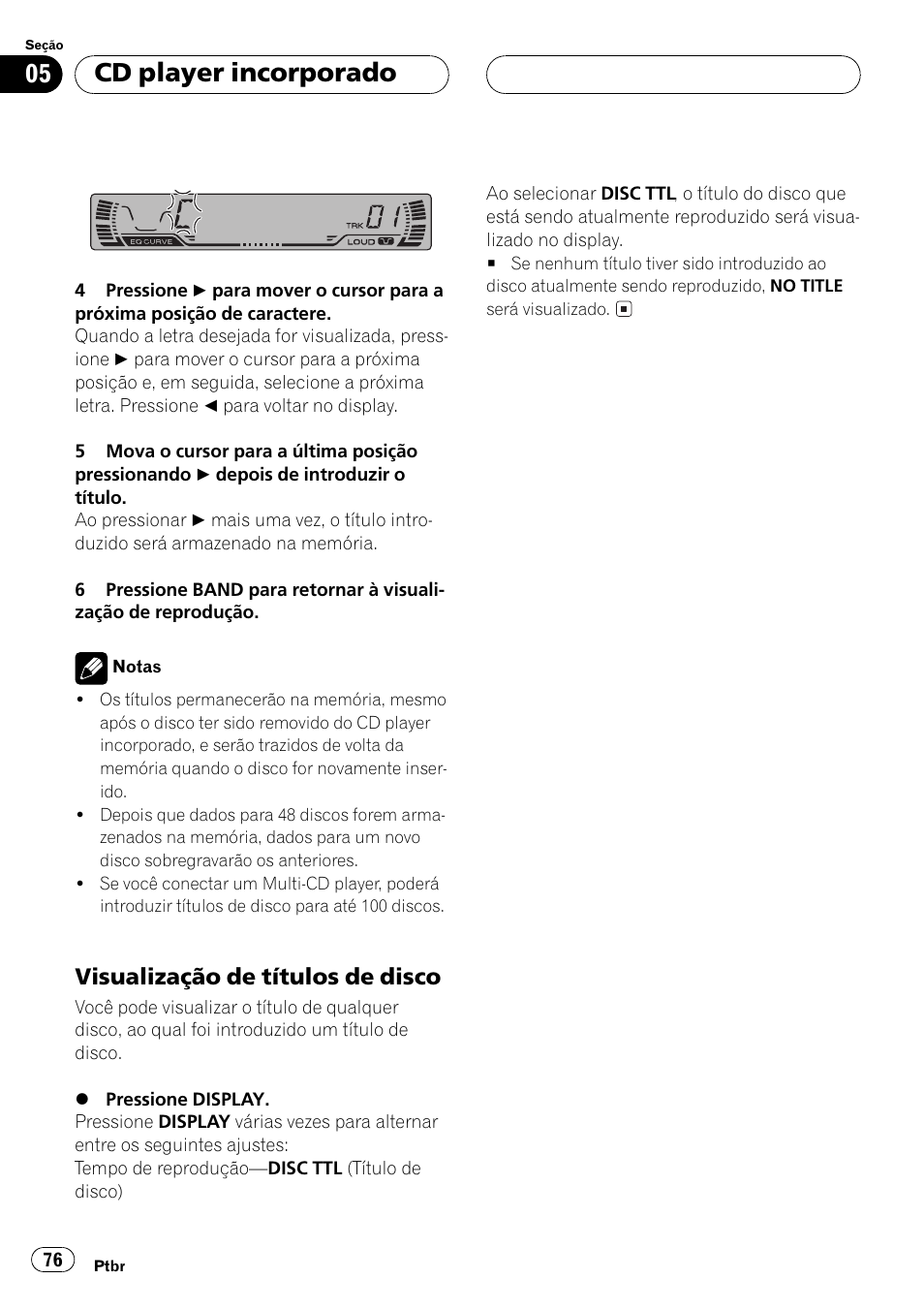 Visualização de títulos de disco 76, Cd player incorporado, Visualização de títulos de disco | Pioneer Super Tuner III D DEH-P2550 User Manual | Page 76 / 96