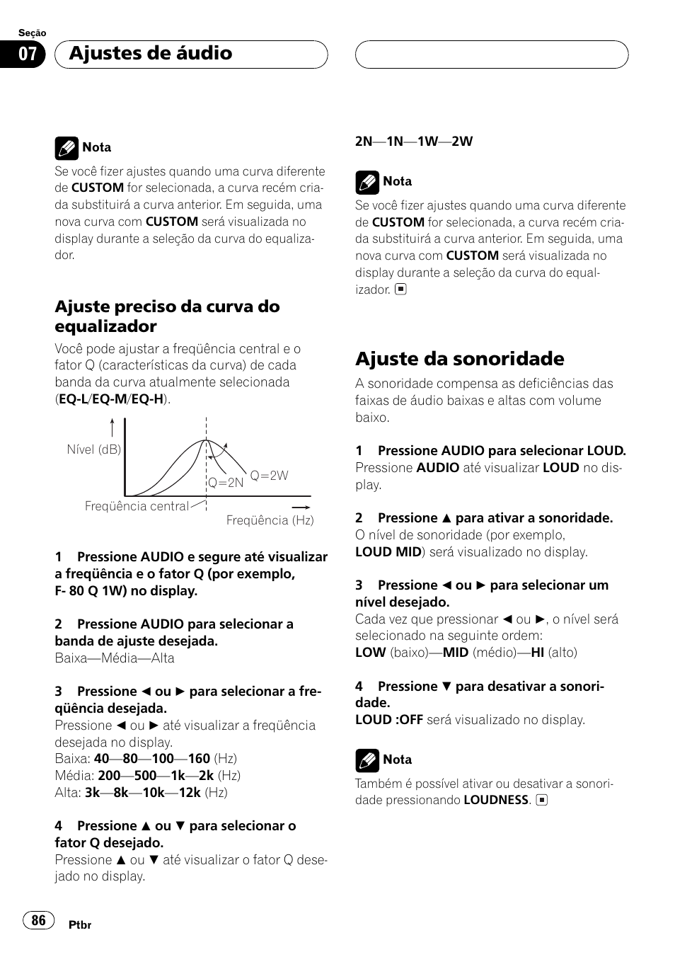 Ajuste preciso da curva do, Equalizador 86, Ajuste da sonoridade 86 | Ajuste da sonoridade, Ajustes de áudio, Ajuste preciso da curva do equalizador | Pioneer Super Tuner III D DEH-P2550 User Manual | Page 86 / 96