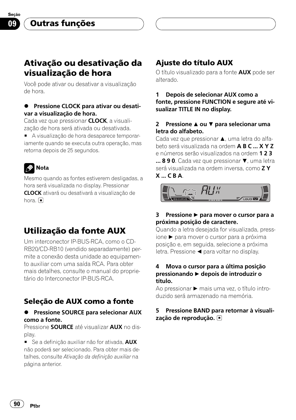 Outras funções, Ativação ou desativação da visualização de, Hora 90 | Utilização da fonte aux 90, Seleção de aux como a fonte 90, Ajuste do título aux 90, Ativação ou desativação da visualização de hora, Utilização da fonte aux | Pioneer Super Tuner III D DEH-P2550 User Manual | Page 90 / 96