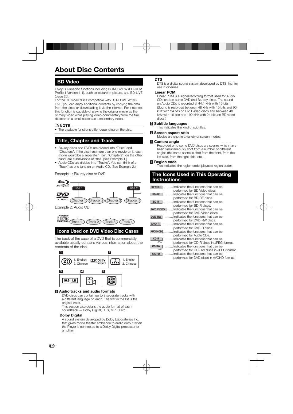 About disc contents, The icons used in this operating instructions, Icons used on dvd video disc cases | Bd video, Title, chapter and track | Pioneer BDP-120 User Manual | Page 10 / 111