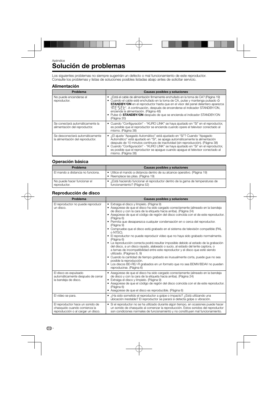 Solución de problemas, Alimentación, Operación básica | Reproducción de disco | Pioneer BDP-120 User Manual | Page 100 / 111