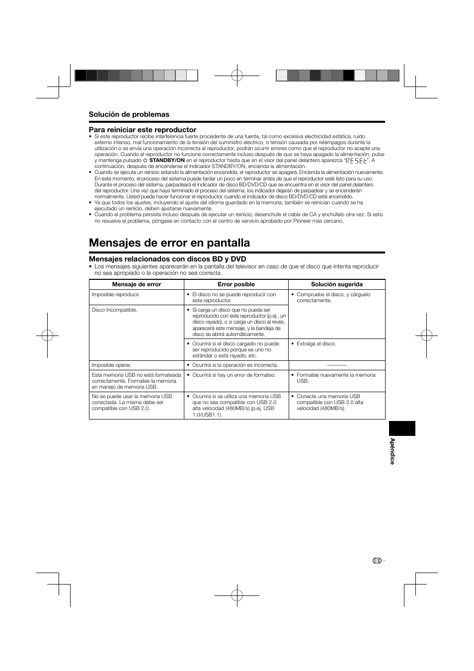 Para reiniciar este reproductor, Mensajes de error en pantalla | Pioneer BDP-120 User Manual | Page 103 / 111