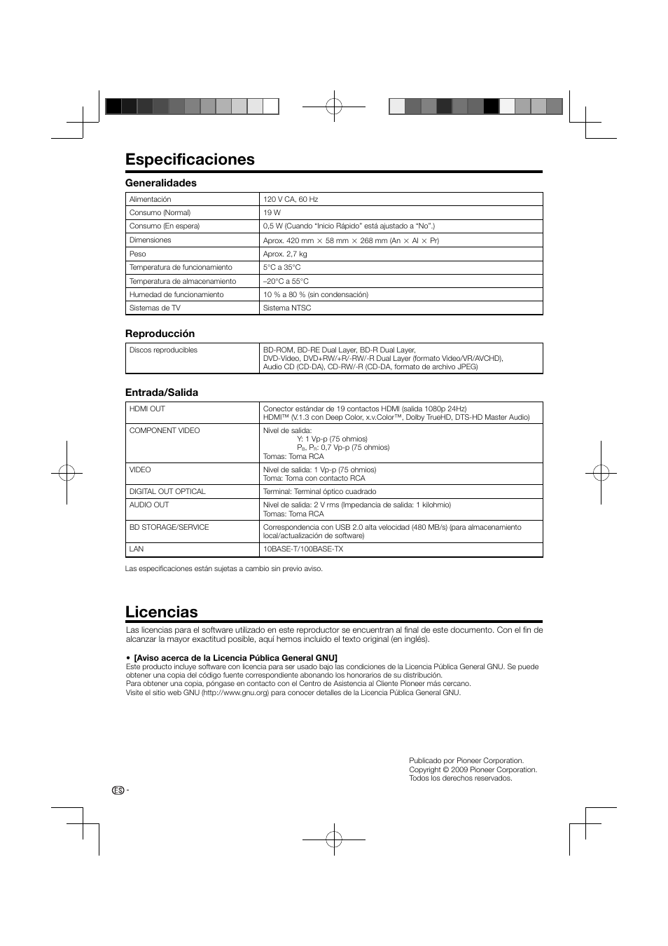 Especificaciones licencias, Especificaciones, Licencias | Pioneer BDP-120 User Manual | Page 106 / 111