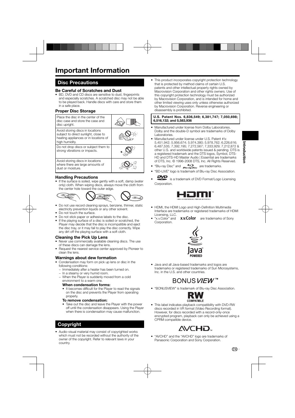 Important information, Disc precautions copyright, Disc precautions | Copyright | Pioneer BDP-120 User Manual | Page 11 / 111