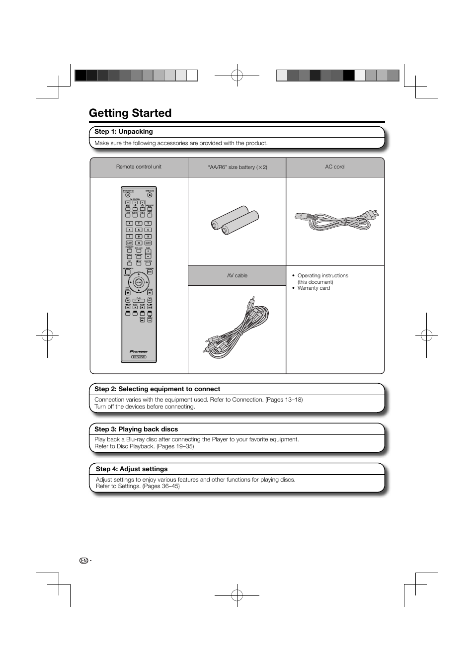 Getting started | Pioneer BDP-120 User Manual | Page 12 / 111