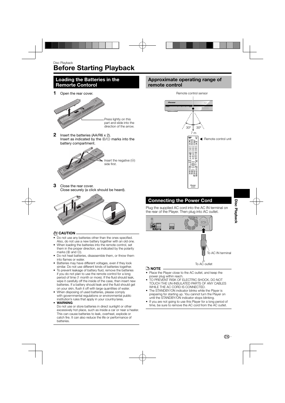Before starting playback, Loading the batteries in the remote control, Approximate operating range of remote control | Connecting the power cord, Loading the batteries in the remorte contorol, 12 3 connecting the power cord | Pioneer BDP-120 User Manual | Page 21 / 111