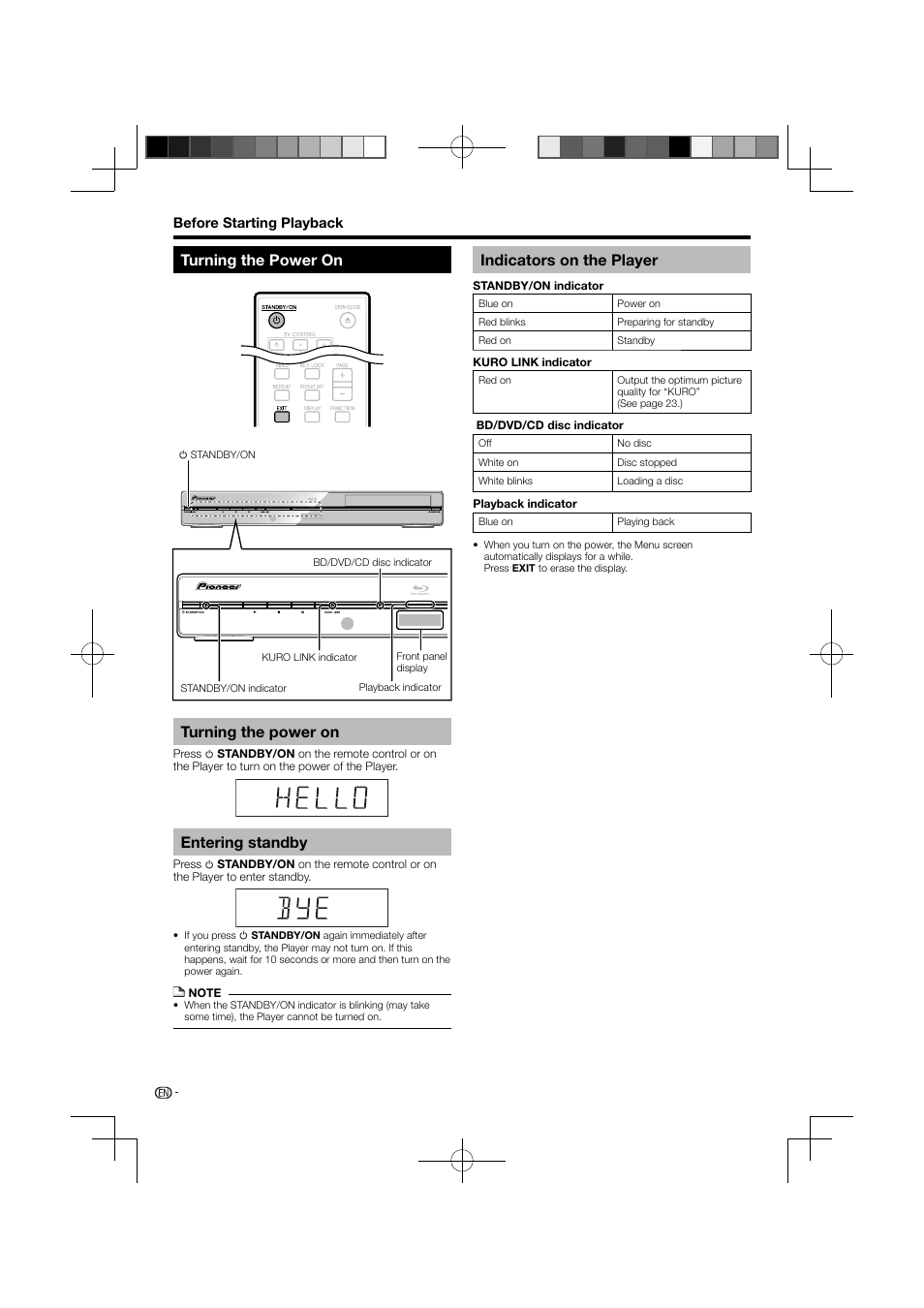 Turning the power on, Turning the power on turning the power on, Entering standby | Indicators on the player | Pioneer BDP-120 User Manual | Page 22 / 111