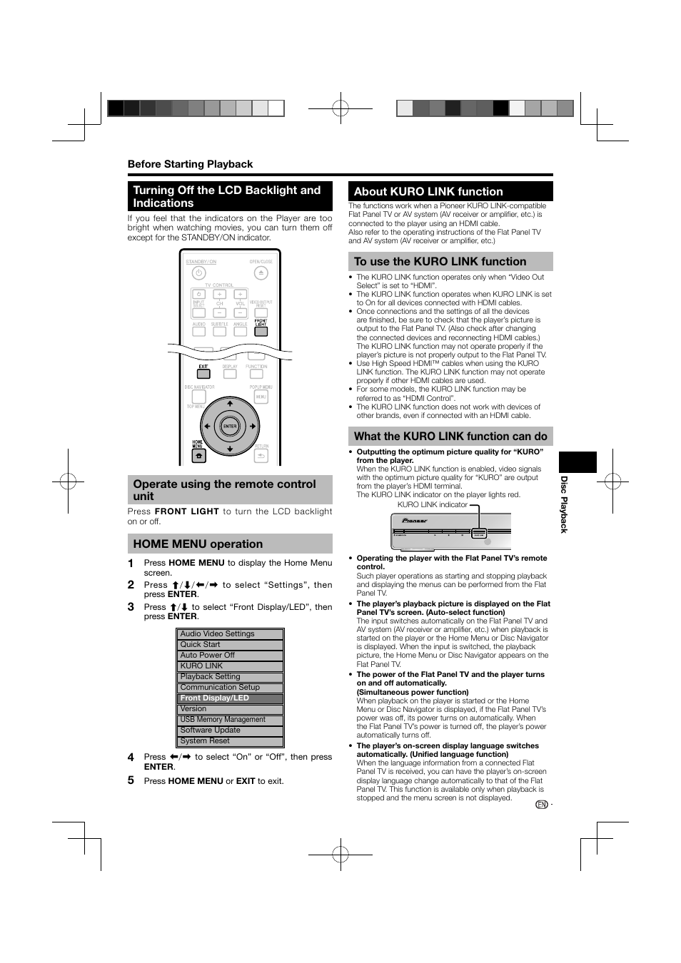 Turning off the lcd backlight and indications, Quick operation home menu operation, About kuro link function | What the kuro link function can do, Operate using the remote control unit, Home menu operation | Pioneer BDP-120 User Manual | Page 25 / 111