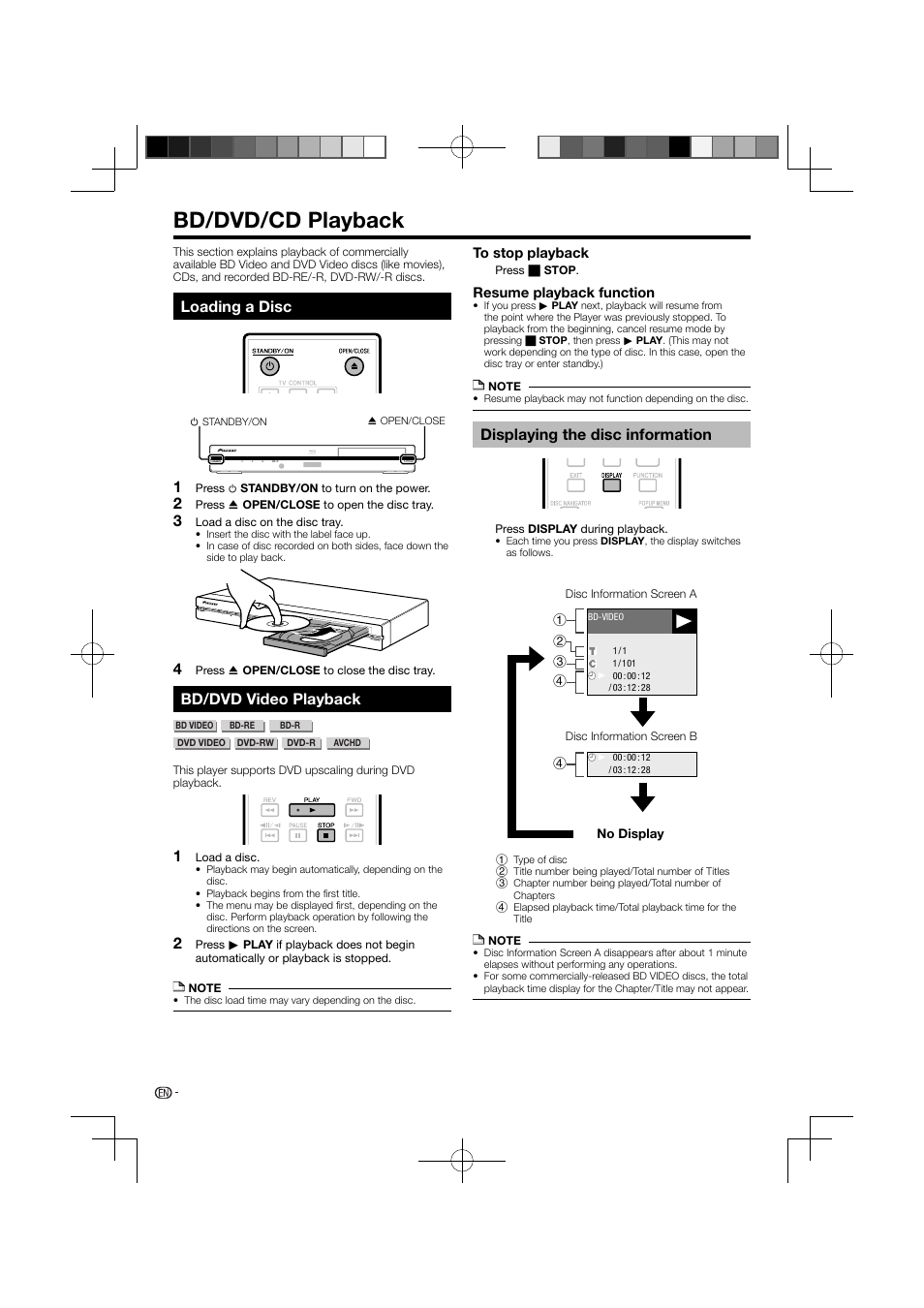 Bd/dvd/cd playback, Loading a disc bd/dvd video playback, Displaying the disc information | Loading a disc, Bd/dvd video playback | Pioneer BDP-120 User Manual | Page 26 / 111