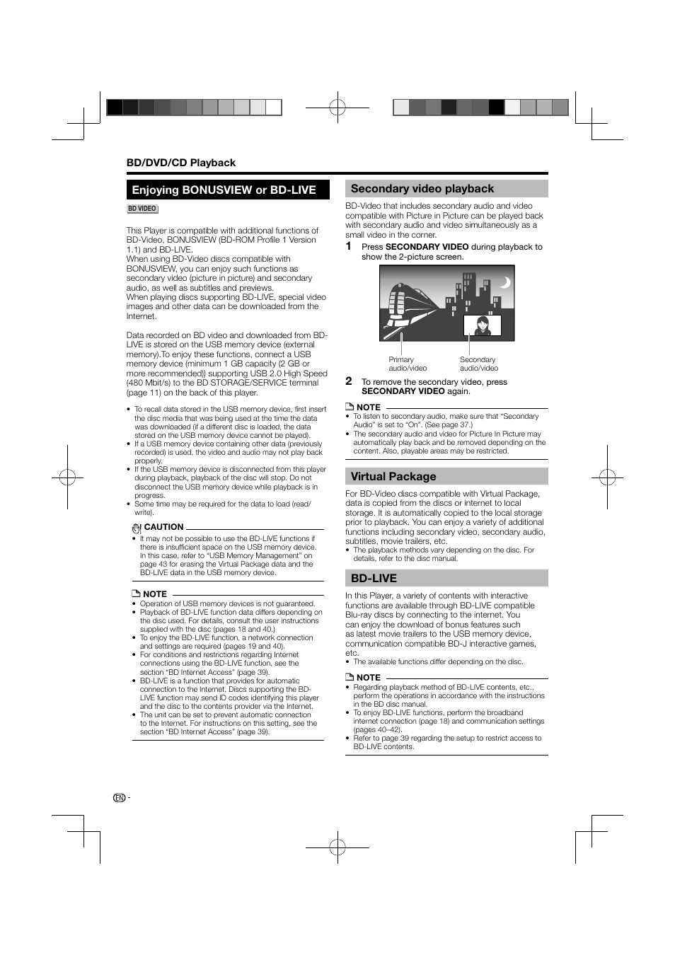 Enjoying bonusview or bd-live, Video playback), Virtual package bd-live | Secondary video playback, Virtual package, Bd-live | Pioneer BDP-120 User Manual | Page 28 / 111