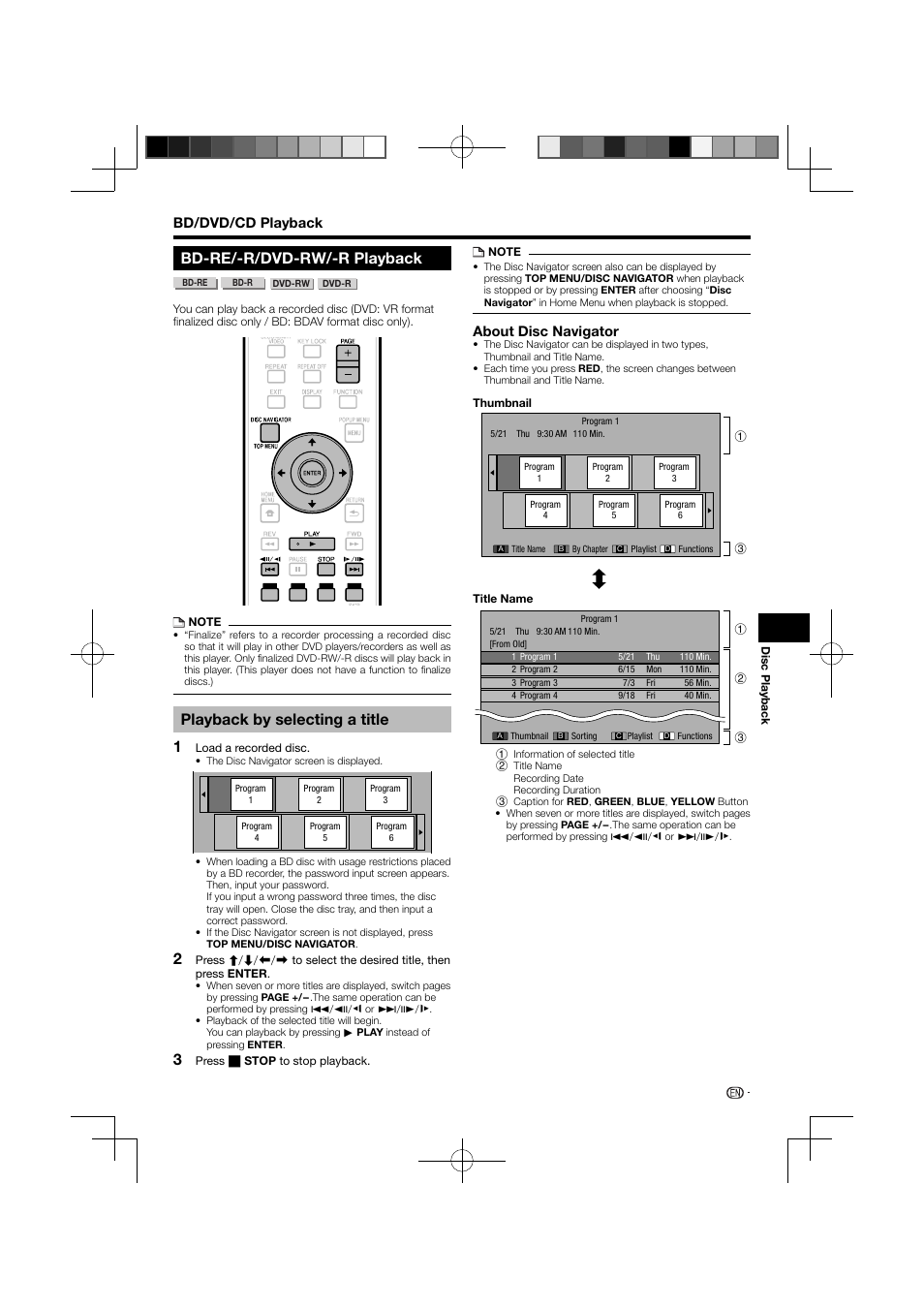 Dvd-r/-rw/bd-re/-r playback, Playback by selecting a title, Bd-re/-r/dvd-rw/-r playback | Bd/dvd/cd playback, About disc navigator | Pioneer BDP-120 User Manual | Page 29 / 111