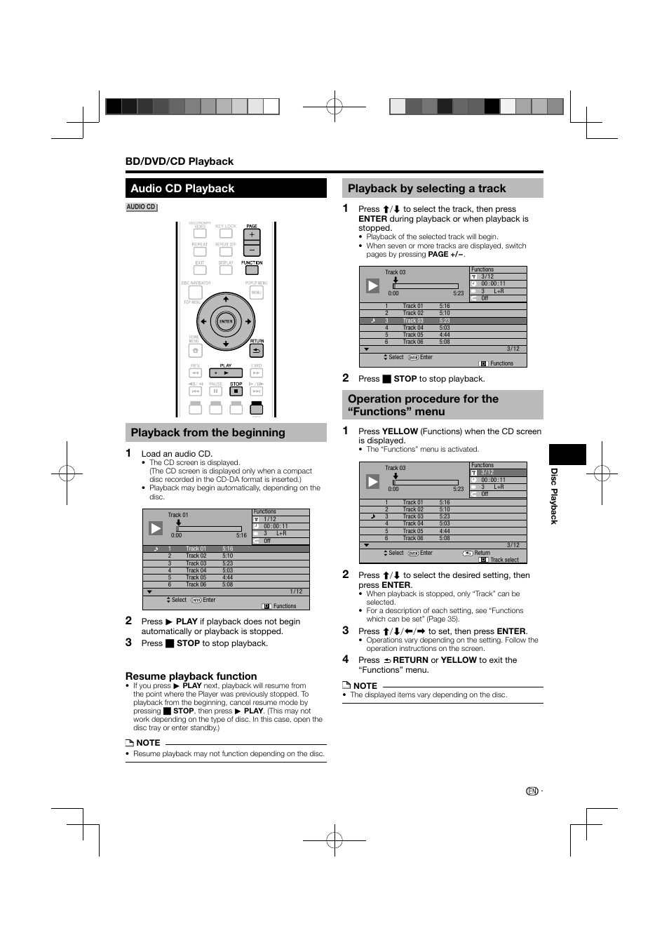 Audio cd playback, Playback from the beginning, Playback by selecting a track | Operation procedure for the “functions” menu, Resume playback function, Bd/dvd/cd playback | Pioneer BDP-120 User Manual | Page 31 / 111