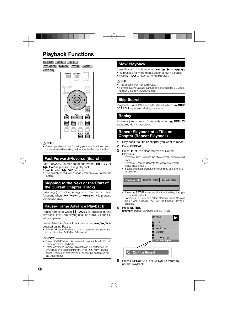 Playback functions, Chapter (track), Fast forward/reverse (search) | Pause/frame advance playback, Slow playback, Skip search, Replay | Pioneer BDP-120 User Manual | Page 32 / 111