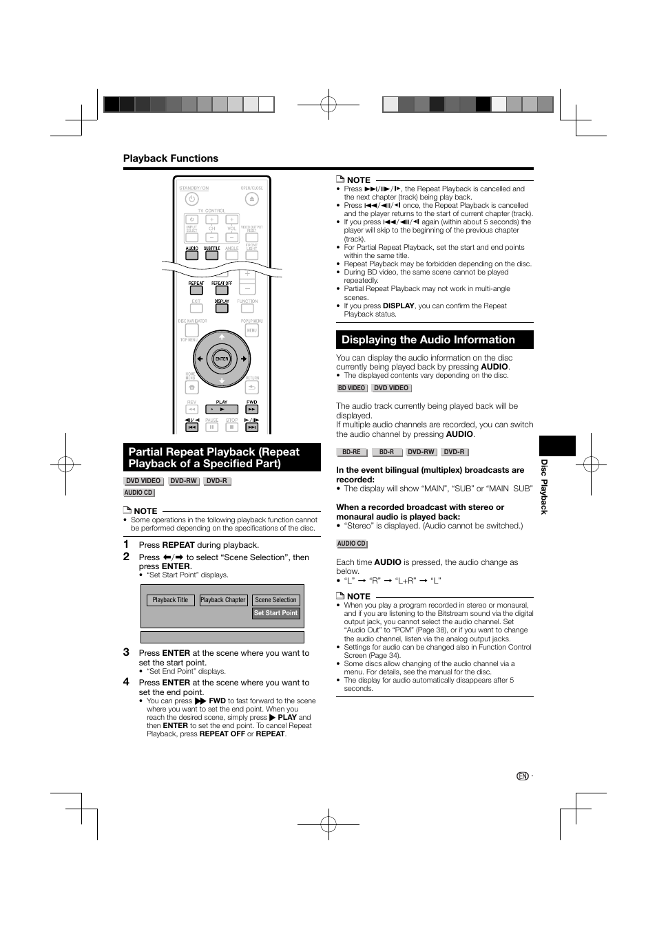 Partial repeat playback, Repeat playback of a specified part), Displaying the audio information | Pioneer BDP-120 User Manual | Page 33 / 111