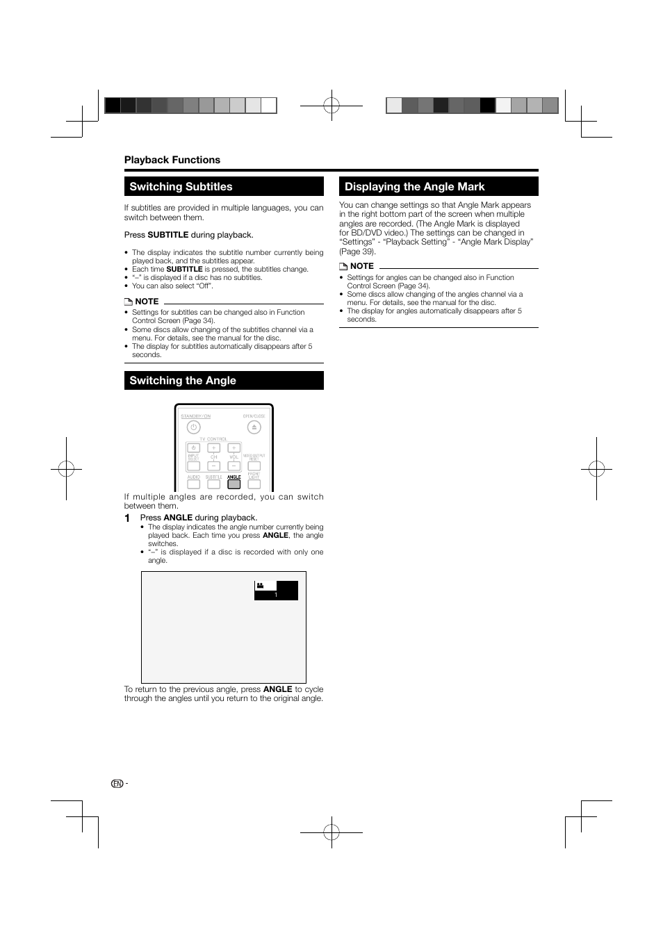 Switching the angle displaying the angle mark, Displaying the angle mark, Switching subtitles | Switching the angle | Pioneer BDP-120 User Manual | Page 34 / 111