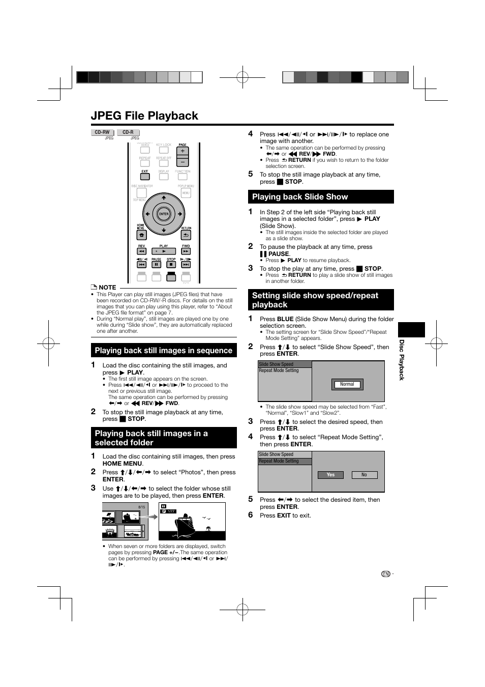 Jpeg file playback, Playing back still images in sequence, Playing back still images in a selected folder | Playing back slide show, Setting slide show speed/repeat playback | Pioneer BDP-120 User Manual | Page 35 / 111