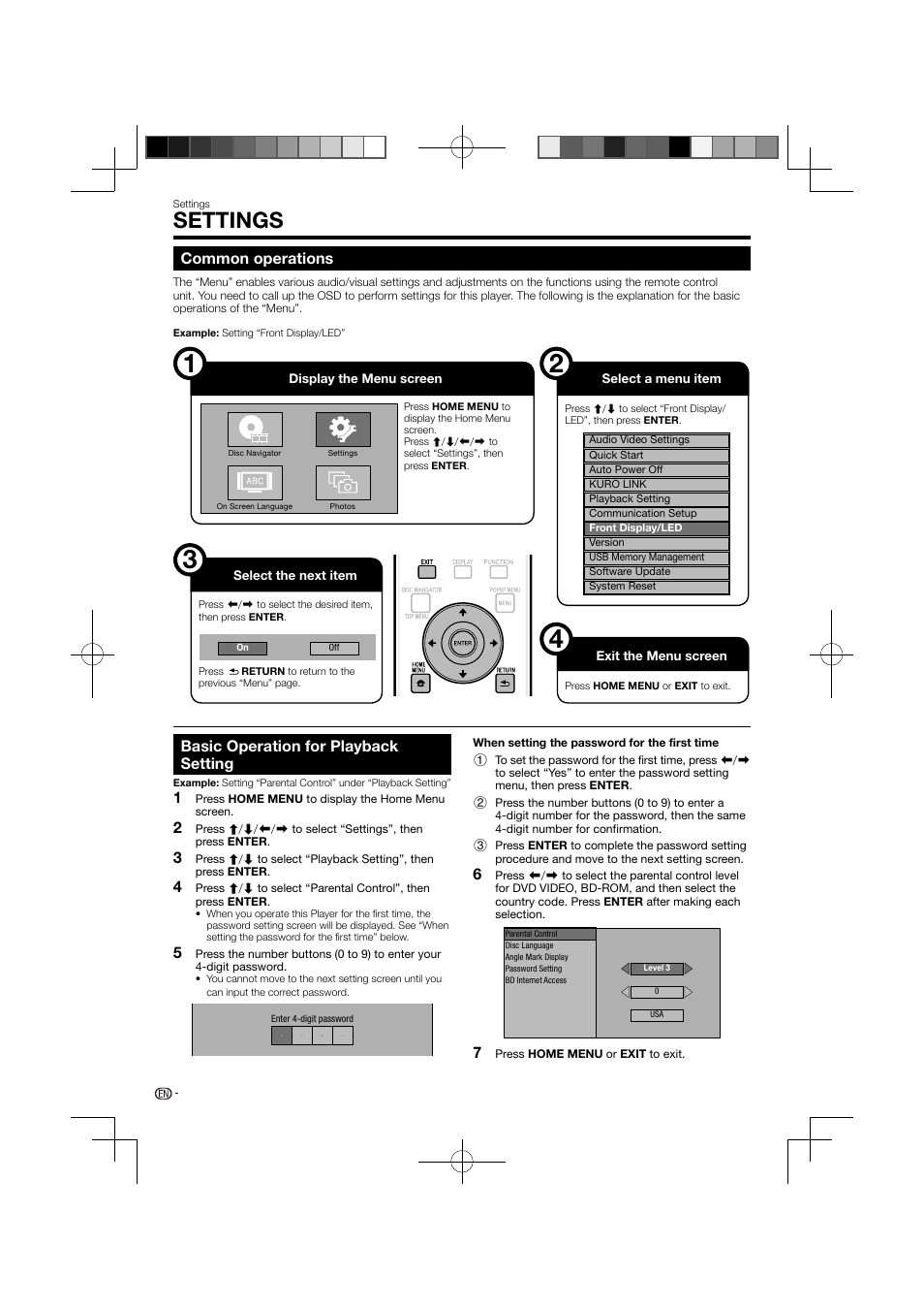 Settings, Common operations, Basic operation for playback setting | Pioneer BDP-120 User Manual | Page 38 / 111