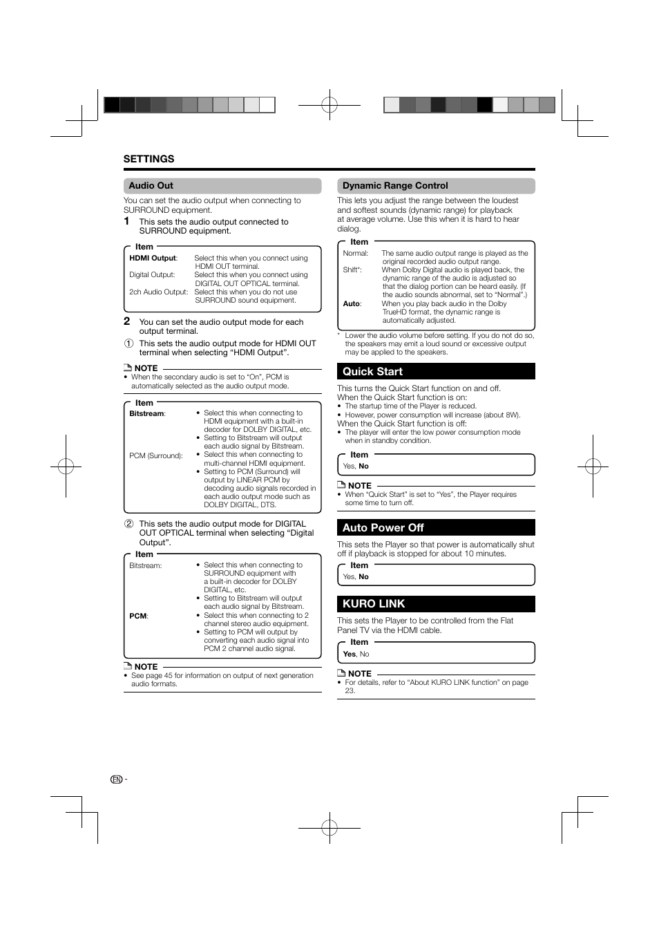 37–38 quick start auto power off kuro link, Quick start, Auto power off | Kuro link | Pioneer BDP-120 User Manual | Page 40 / 111