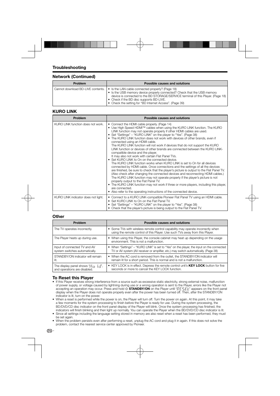 To reset this player, Troubleshooting, Kuro link | Other, Network (continued) | Pioneer BDP-120 User Manual | Page 50 / 111