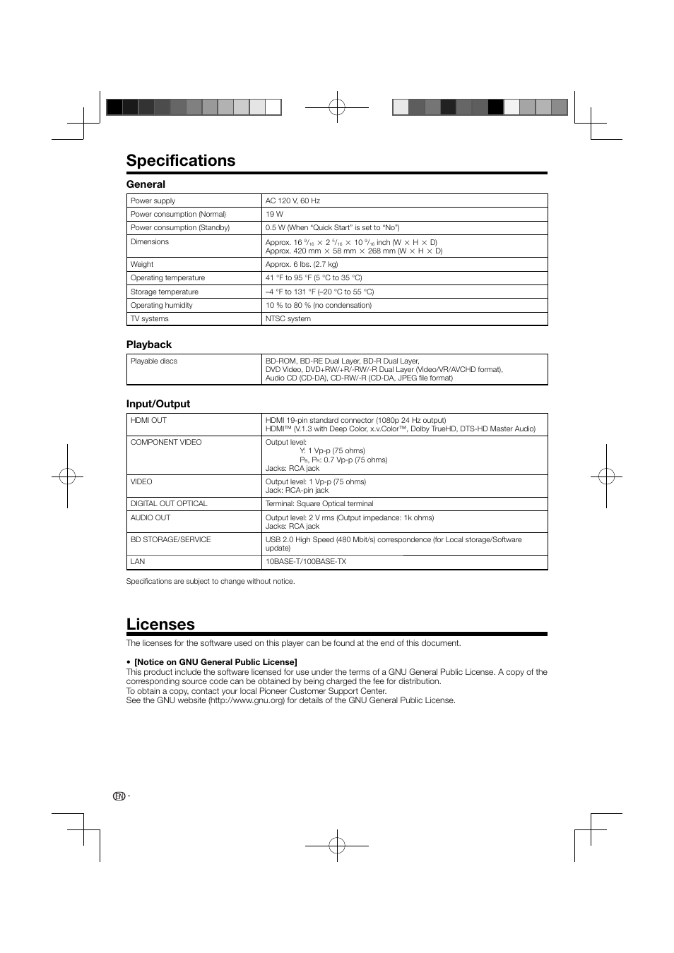 Specifications licenses, Specifications, Licenses | General, Playback, Input/output | Pioneer BDP-120 User Manual | Page 54 / 111
