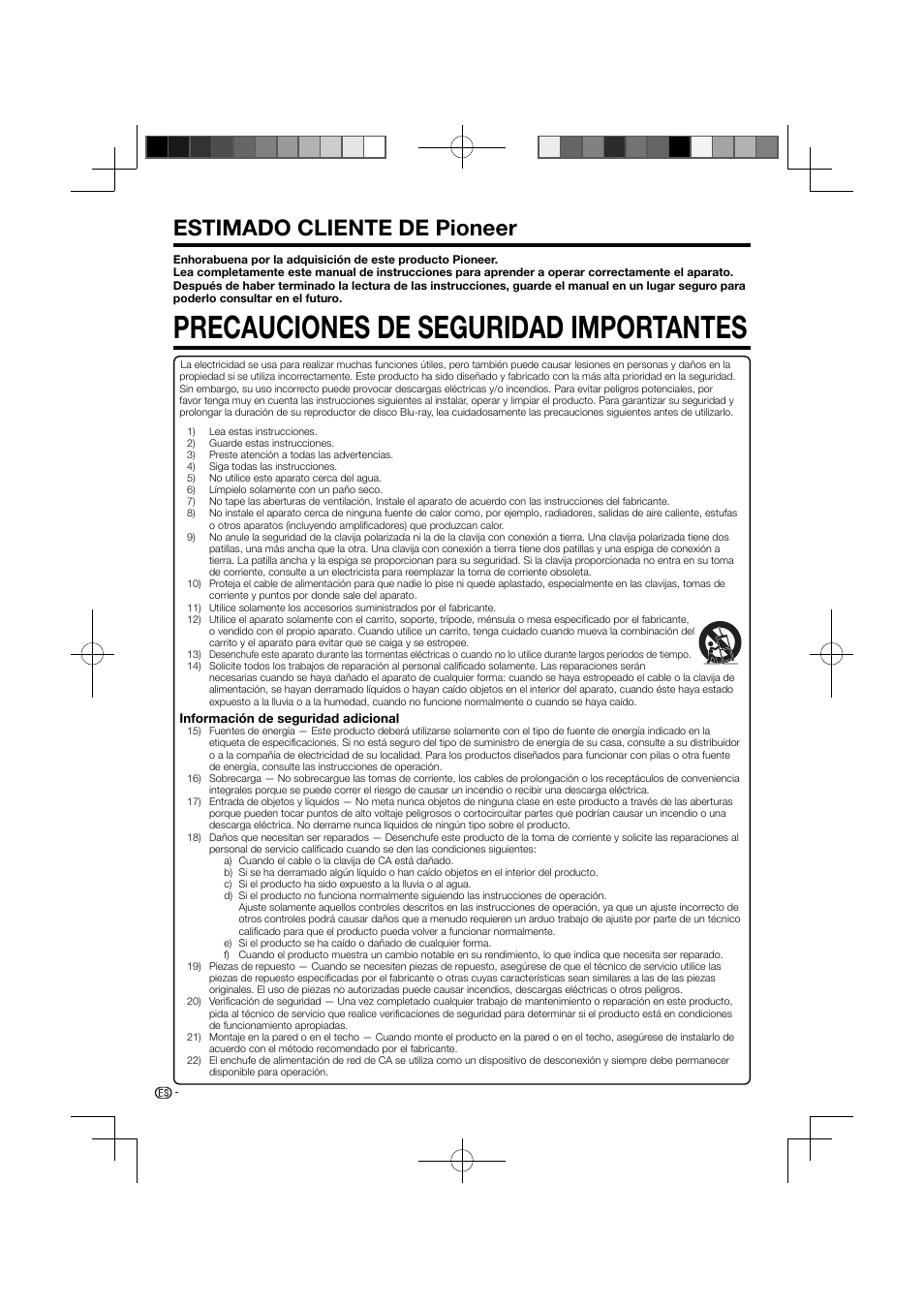 Precauciones de seguridad importantes, Estimado cliente de pioneer | Pioneer BDP-120 User Manual | Page 58 / 111