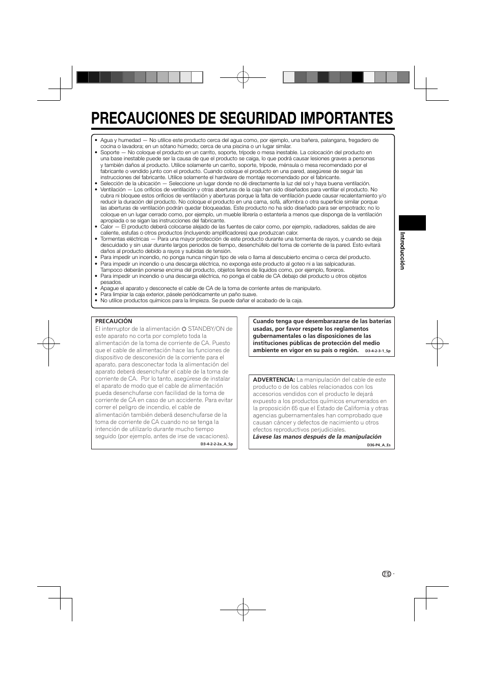 Precauciones de seguridad importantes | Pioneer BDP-120 User Manual | Page 59 / 111