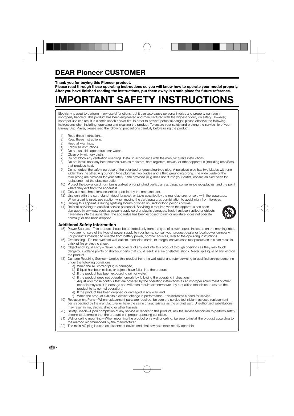 Important safety instructions, Dear pioneer customer | Pioneer BDP-120 User Manual | Page 6 / 111