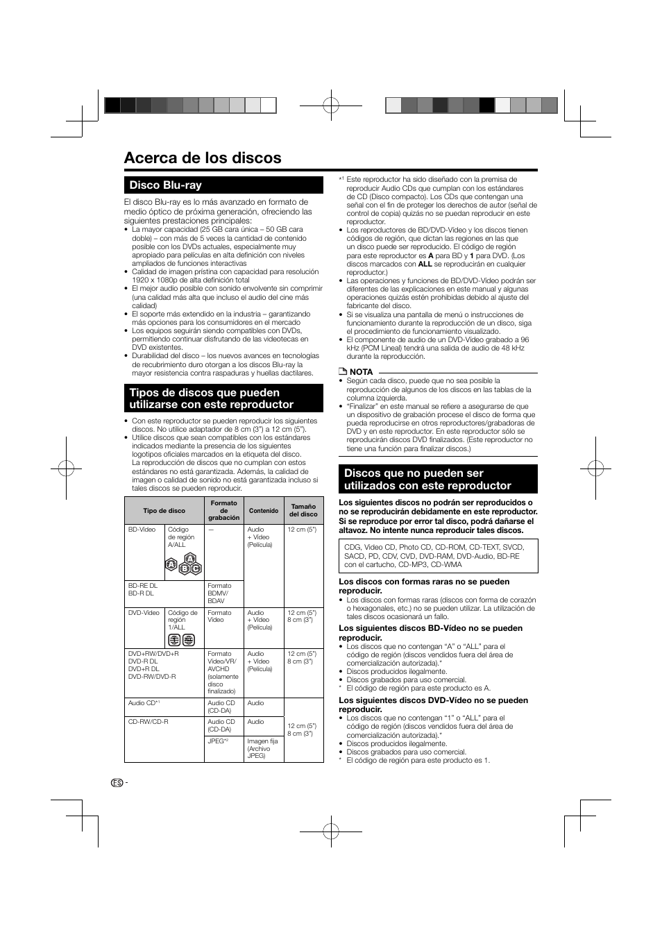 Acerca de los discos, Disco blu-ray | Pioneer BDP-120 User Manual | Page 60 / 111