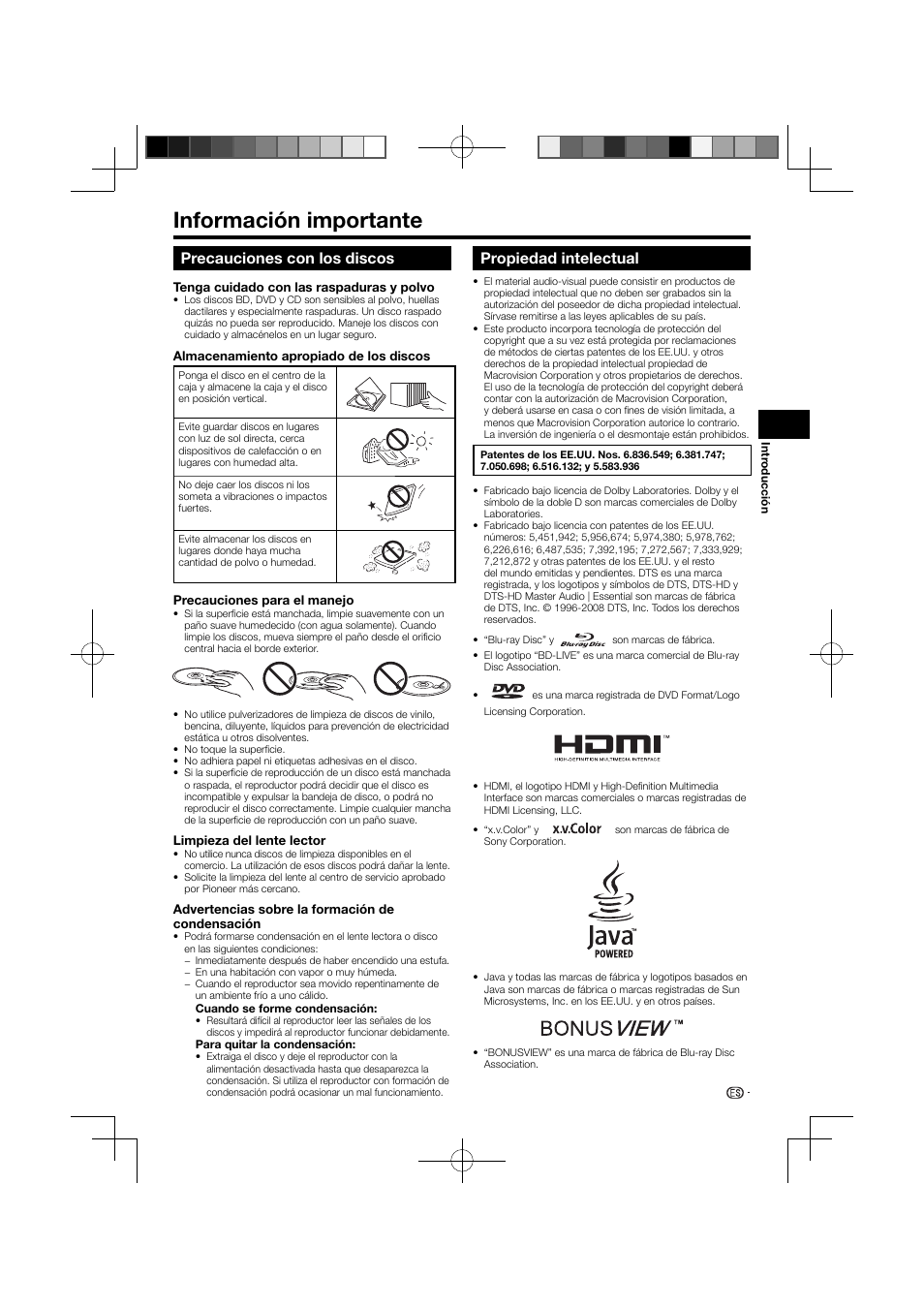 Información importante -10, Información importante, Precauciones con los discos | Propiedad intelectual | Pioneer BDP-120 User Manual | Page 63 / 111