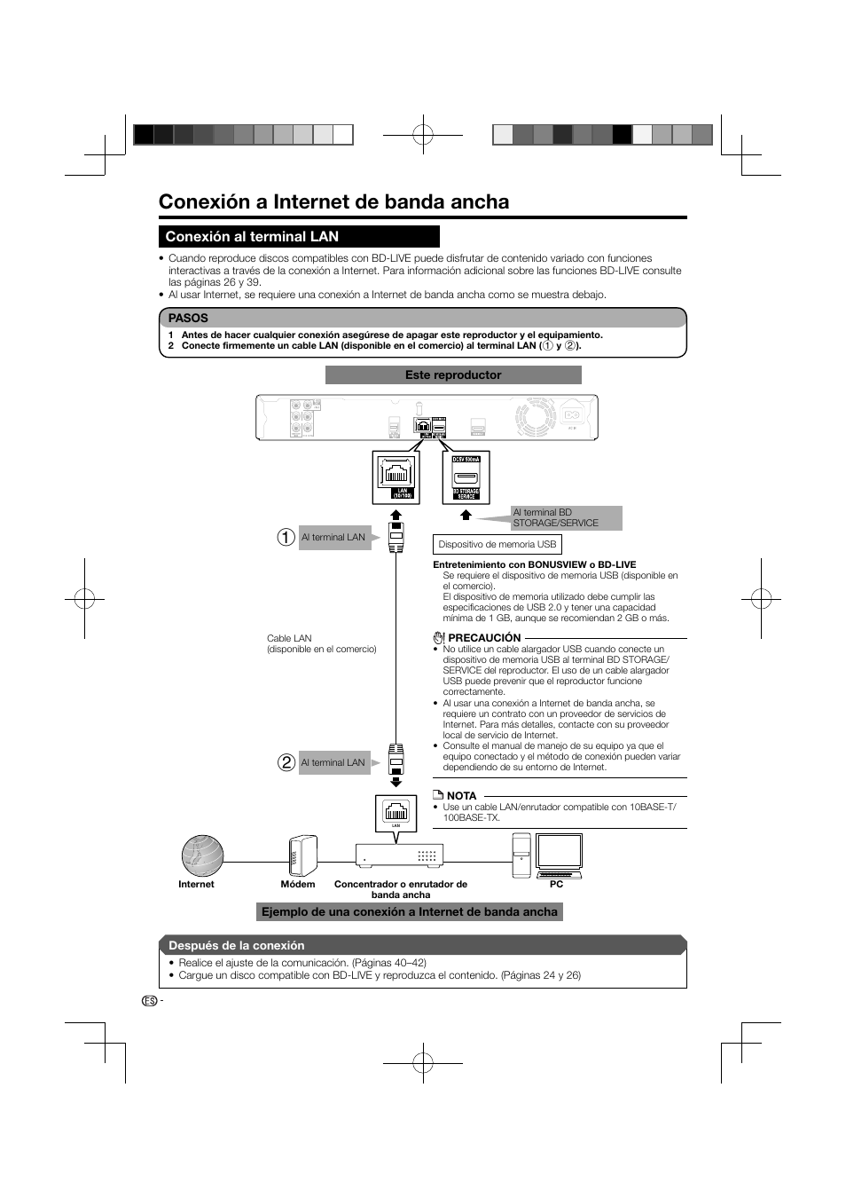 Conexión a internet de banda ancha, Conexión al terminal lan | Pioneer BDP-120 User Manual | Page 72 / 111