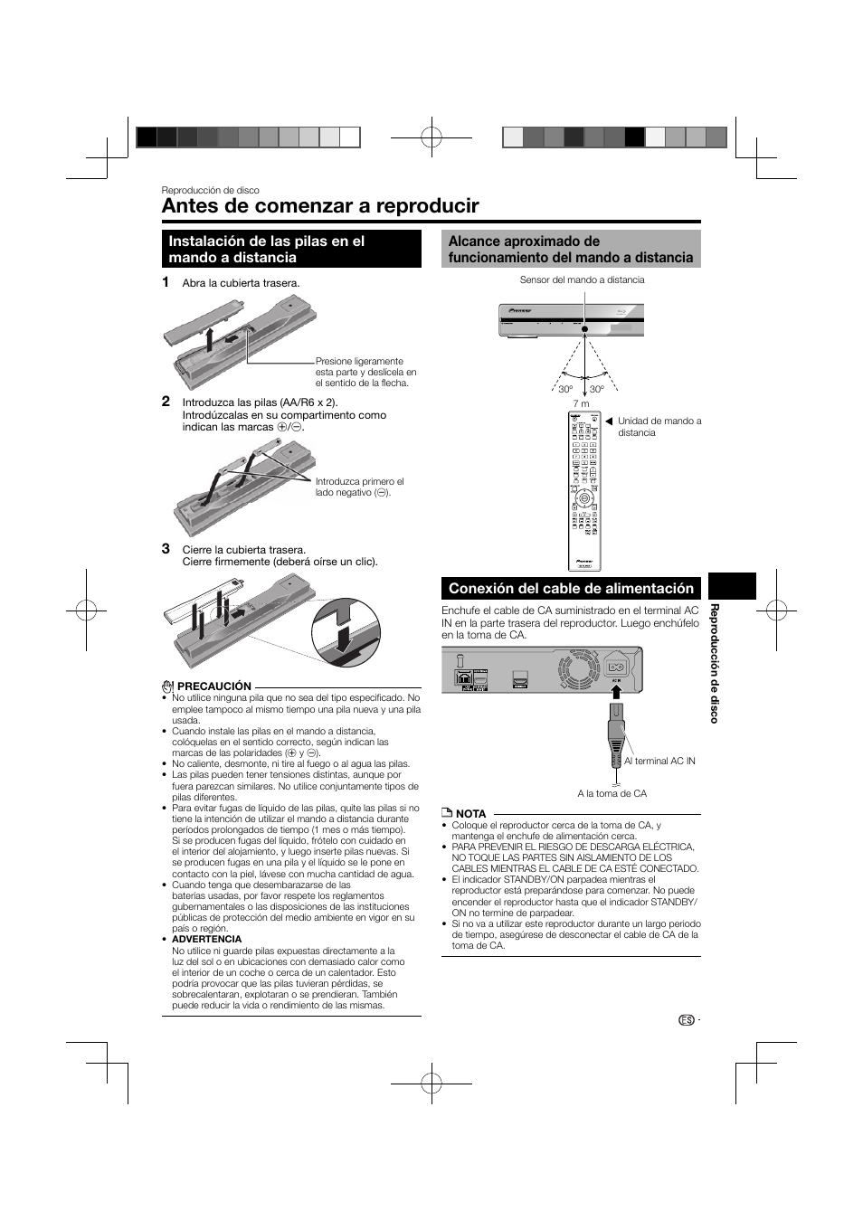Antes de comenzar a reproducir, Instalación de las pilas en el mando a distancia, Alcance aproximado de funcionamiento del | Mando a distancia, Conexión del cable de alimentación, 12 3 conexión del cable de alimentación | Pioneer BDP-120 User Manual | Page 73 / 111
