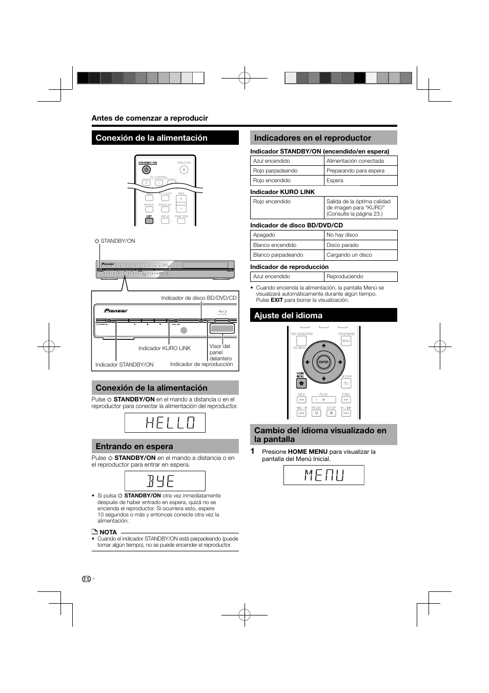 Conexión de la alimentación, Ajuste del idioma, Cambio del idioma visualizado en la pantalla | Entrando en espera, Indicadores en el reproductor | Pioneer BDP-120 User Manual | Page 74 / 111