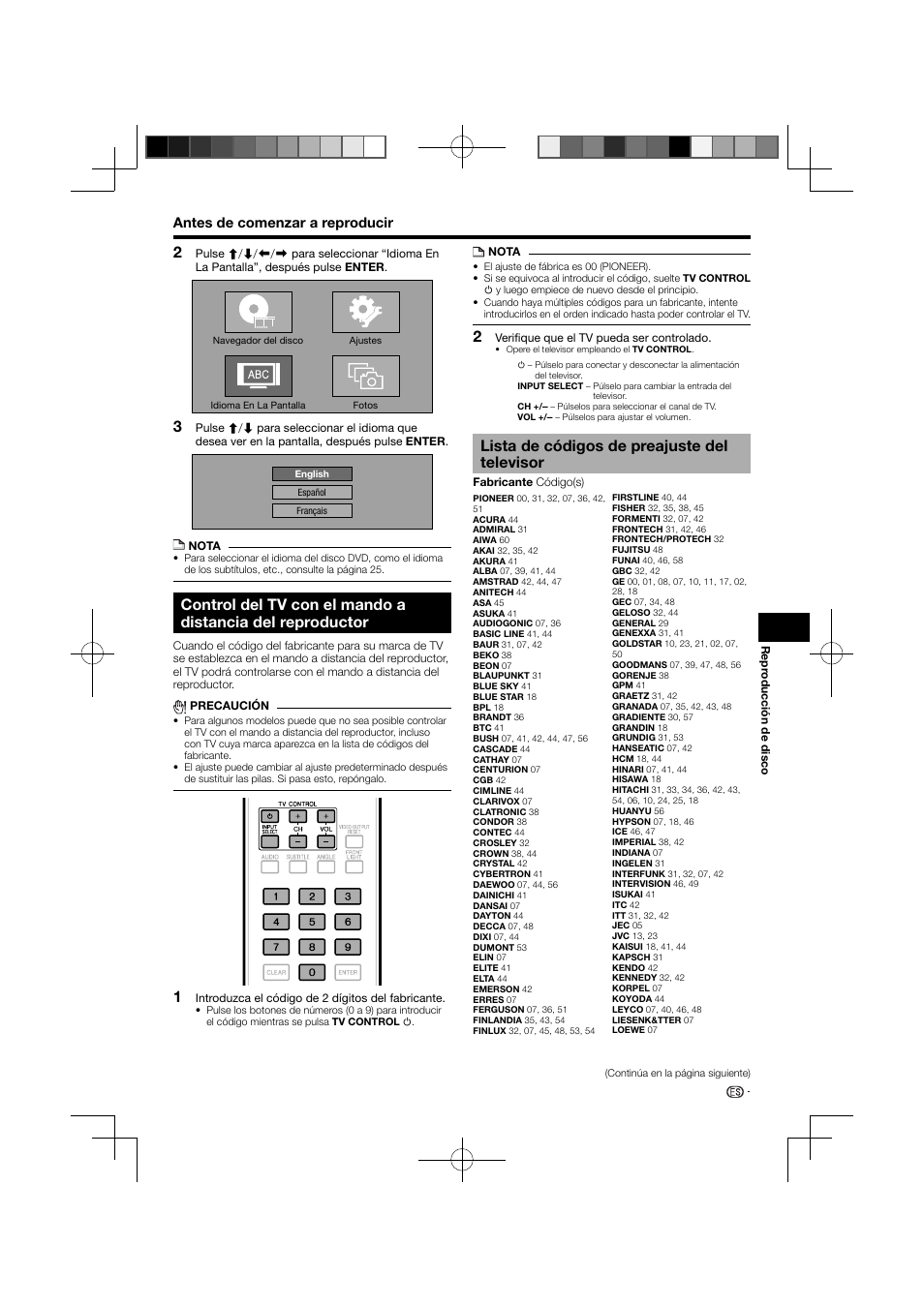 Control del tv con el mando a distancia del, Reproductor, Lista de códigos de preajuste del televisor -22 | Lista de códigos de preajuste del televisor | Pioneer BDP-120 User Manual | Page 75 / 111
