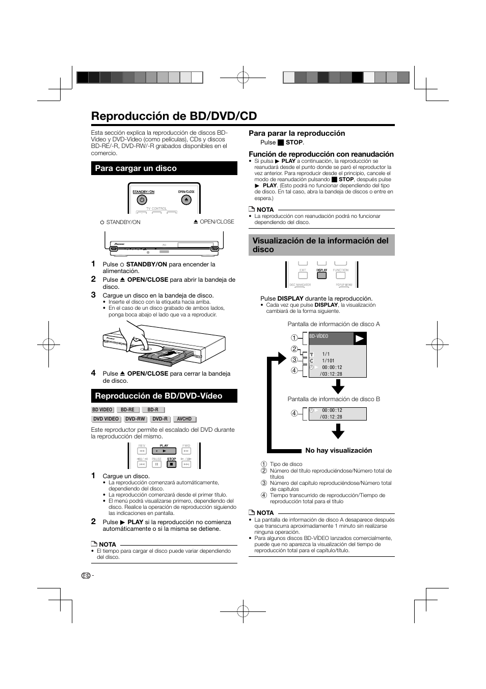 Reproducción de bd/dvd/cd, Para cargar un disco reproducción de bd/dvd-vídeo, Visualización de la información del disco | Para cargar un disco, Reproducción de bd/dvd-vídeo | Pioneer BDP-120 User Manual | Page 78 / 111