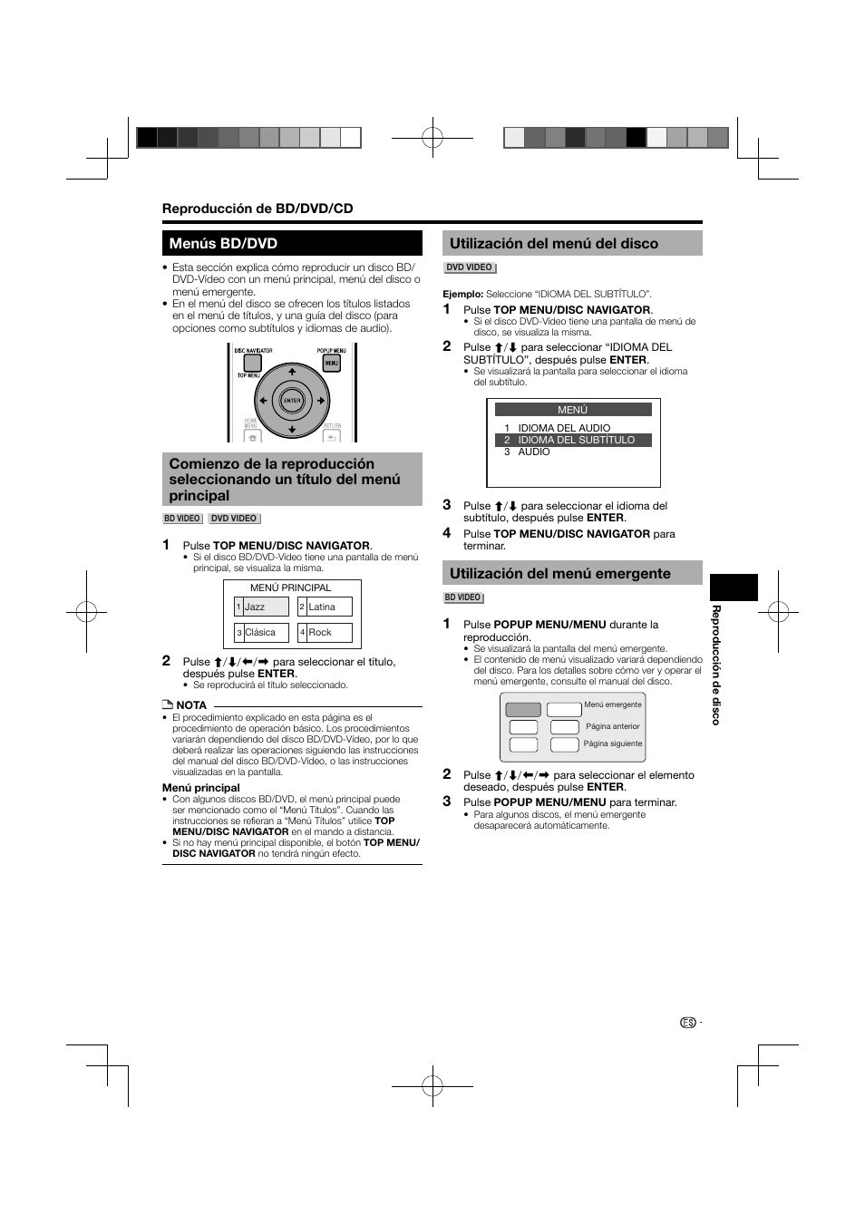 Menús bd/dvd, Del menú principal, Utilización del menú del disco | Utilización del menú emergente | Pioneer BDP-120 User Manual | Page 79 / 111
