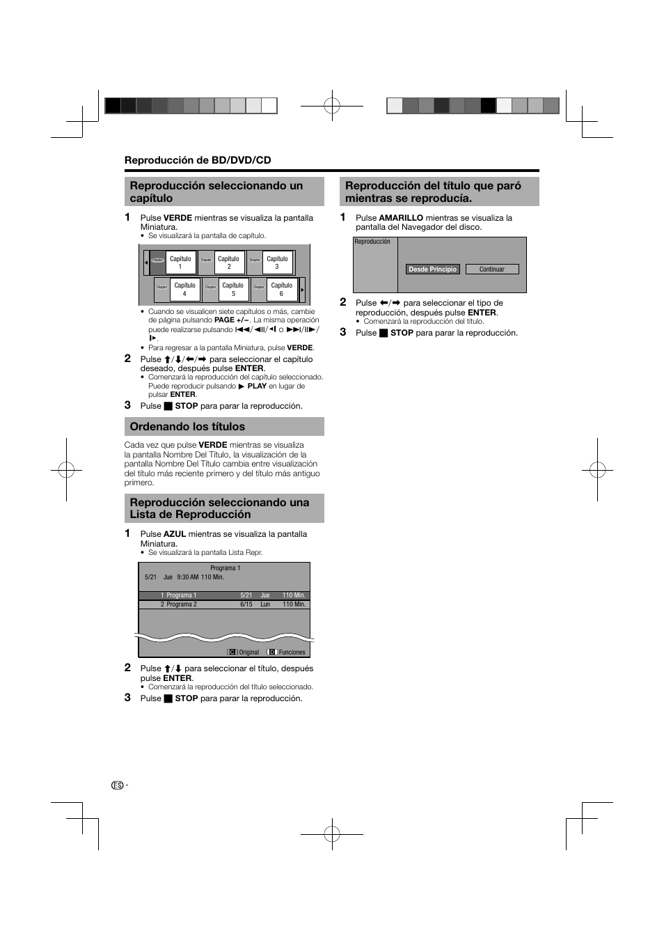 Reproducción, 3reproducción seleccionando un capítulo, Ordenando los títulos | Pioneer BDP-120 User Manual | Page 82 / 111