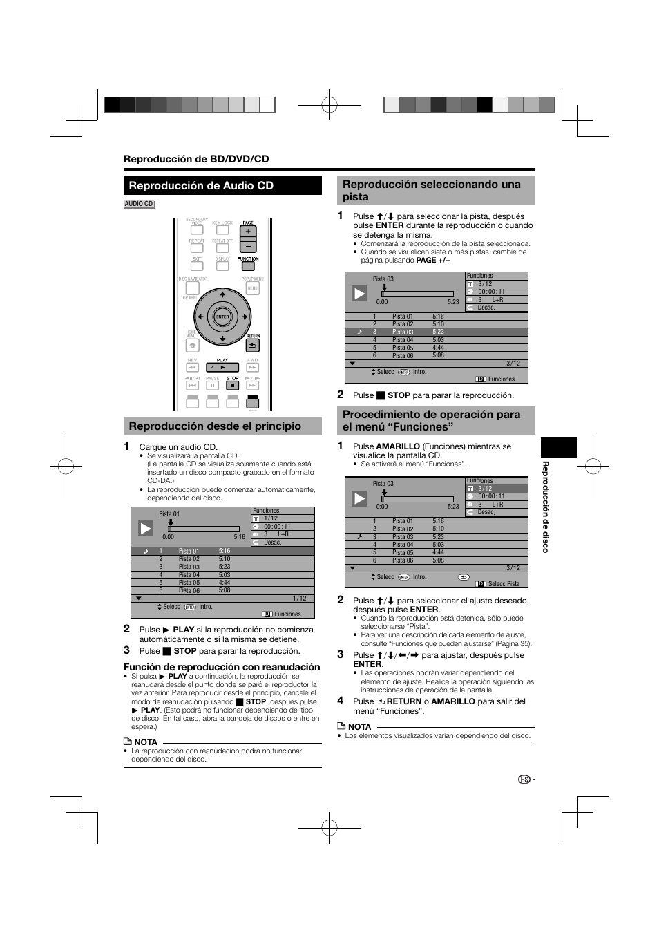 Reproducción de audio cd, Reproducción desde el principio, Reproducción seleccionando una pista | Procedimiento de operación para el menú “funciones | Pioneer BDP-120 User Manual | Page 83 / 111