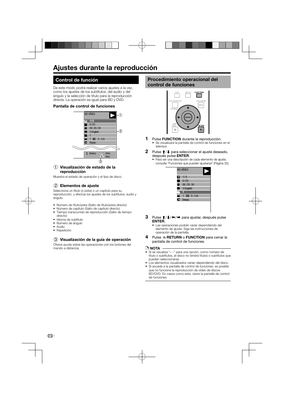 Ajustes durante la reproducción, Control de función, Procedimiento operacional del control de funciones | Pioneer BDP-120 User Manual | Page 88 / 111
