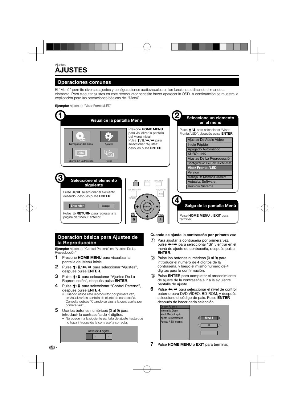 Ajustes, Operaciones comunes, Operación básica para ajustes de la reproducción | Pioneer BDP-120 User Manual | Page 90 / 111