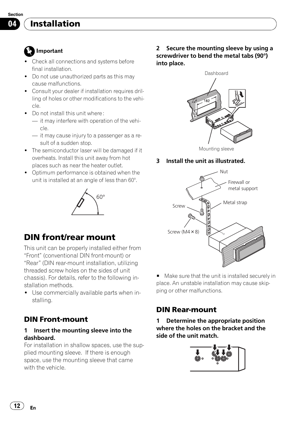 Din front/rear mount, Installation, Din front-mount | Din rear-mount | Pioneer DEH-1200MP User Manual | Page 12 / 52